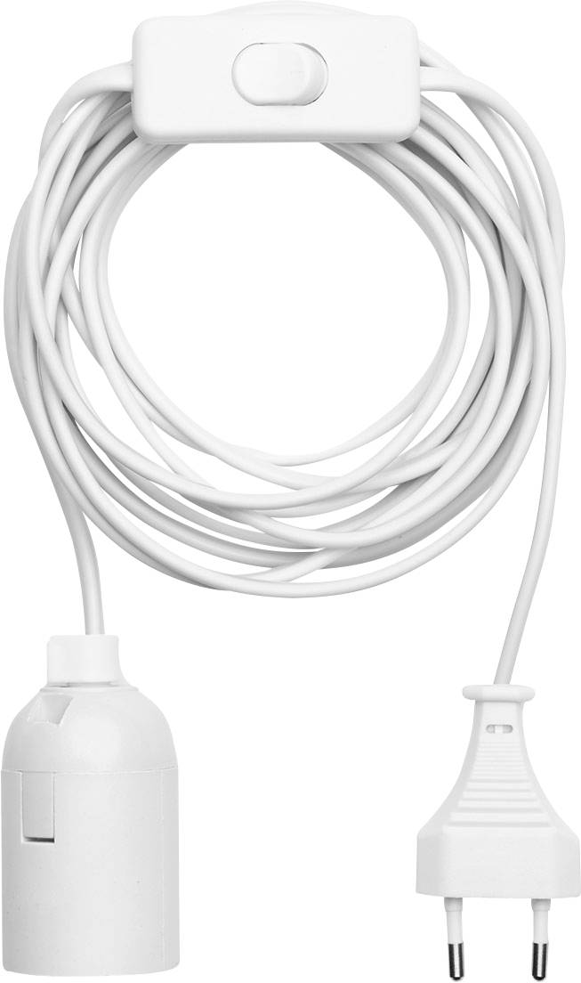 A white pendant lamp cord set with a plug and a switch, coiled neatly.