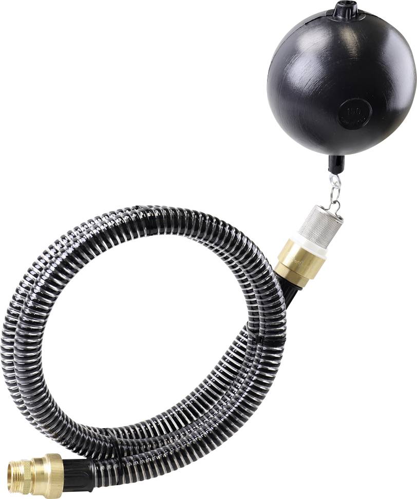 A coiled black hose with gold connectors attached to a black floating ball. The design suggests it's used to maintain buoyancy in a liquid environment.