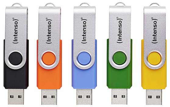 Five USB flash drives in black, orange, blue, green, and yellow, each with a silver swivel cover labeled 'Intenso'.