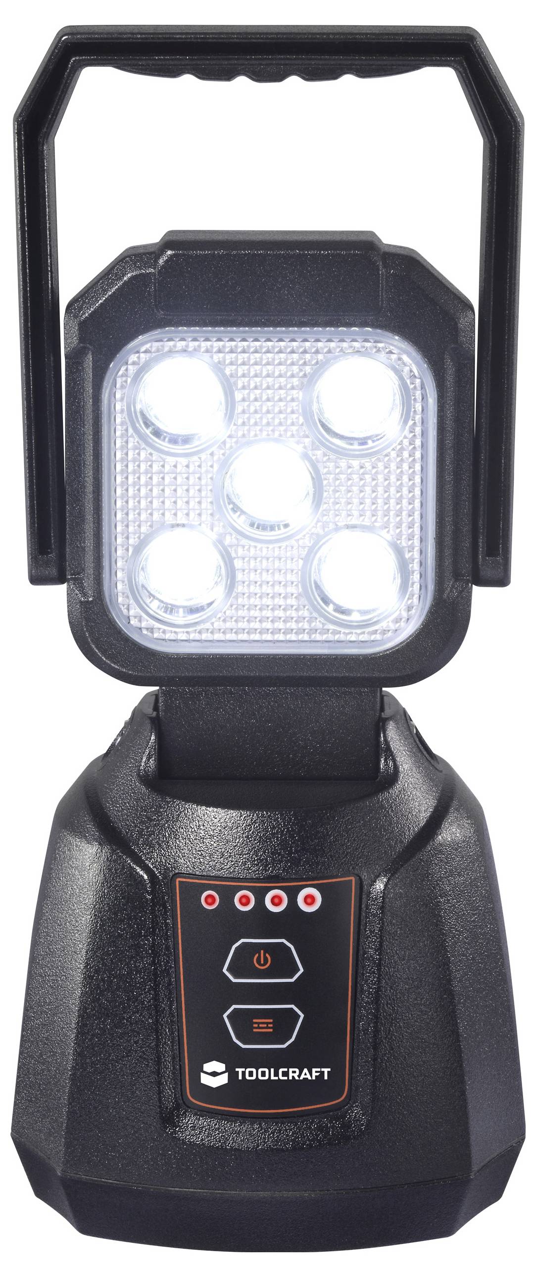 A black portable LED work light with a handle and four bright bulbs. The base has a control panel with four red light indicators.