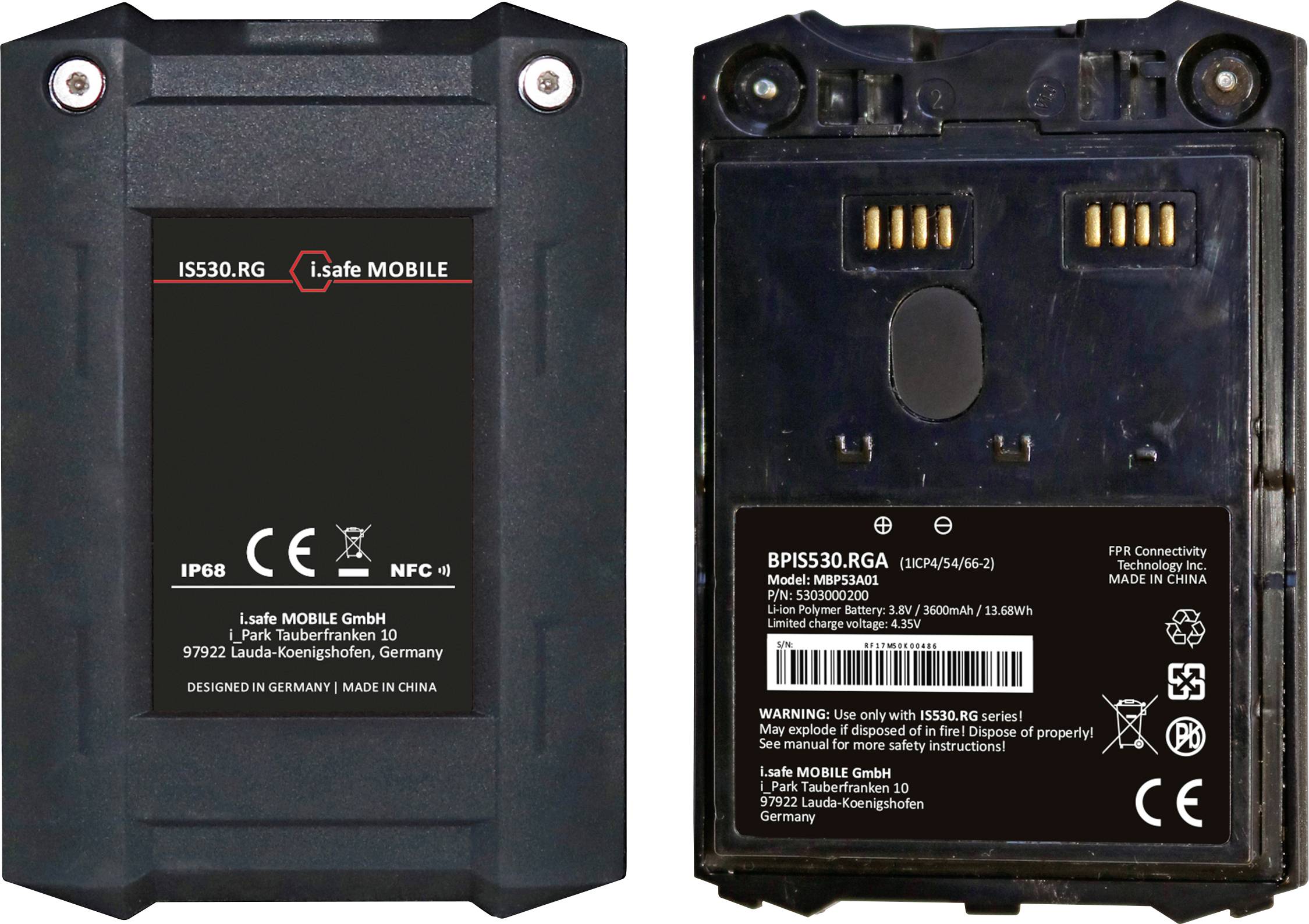 'IS530.1 RG' mobile device with rugged black casing, featuring IP68 certification and NFC capability. Made in Germany by i.safe MOBILE.