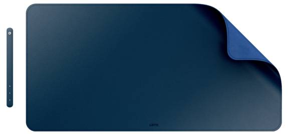 A large, dark blue desk pad with a slightly curled top right corner, accompanied by a pen with matching color.