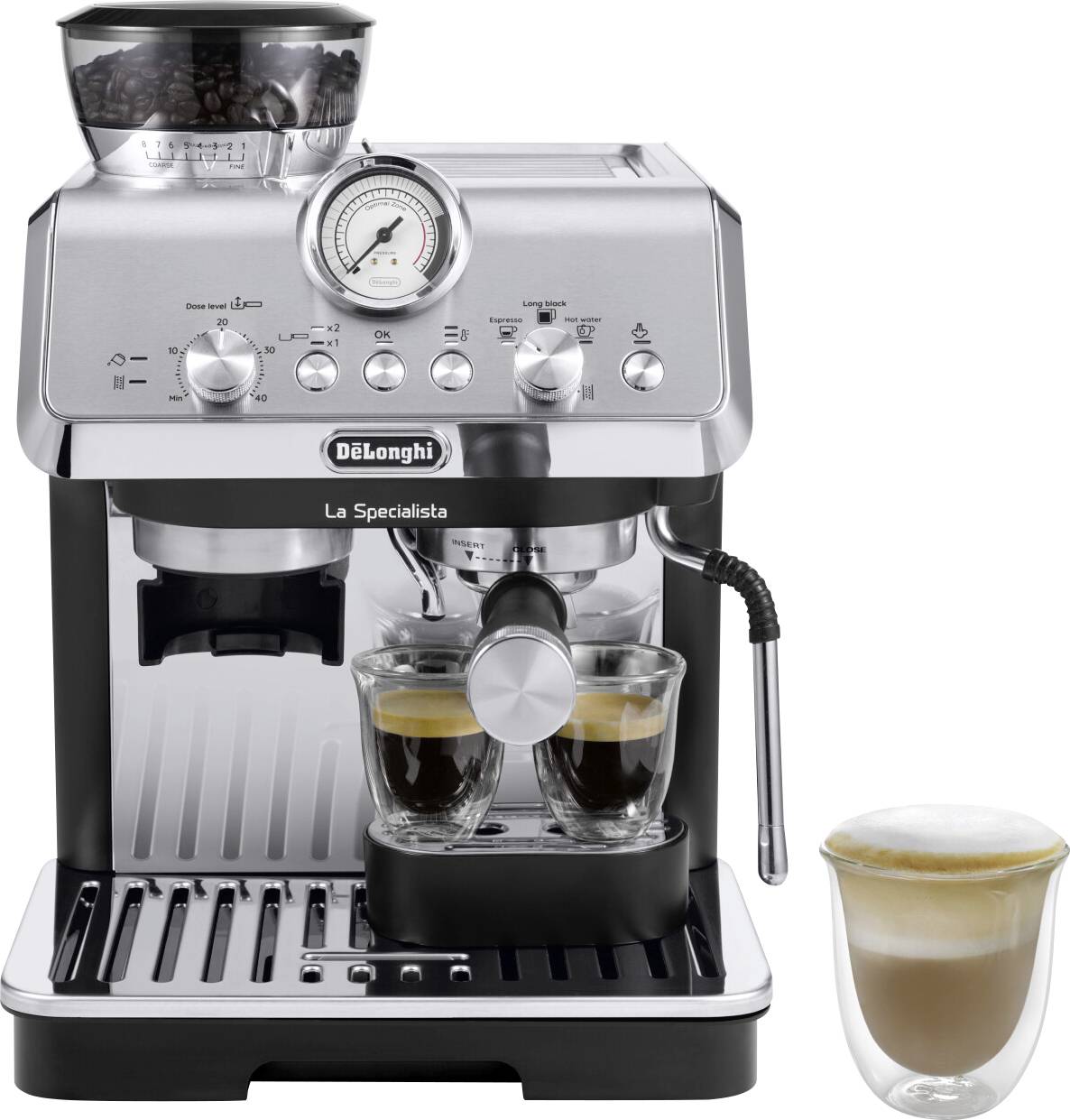 Espresso machine with grinder, steam wand, gauge, and two glasses with espresso. A latte in a glass on the side.
