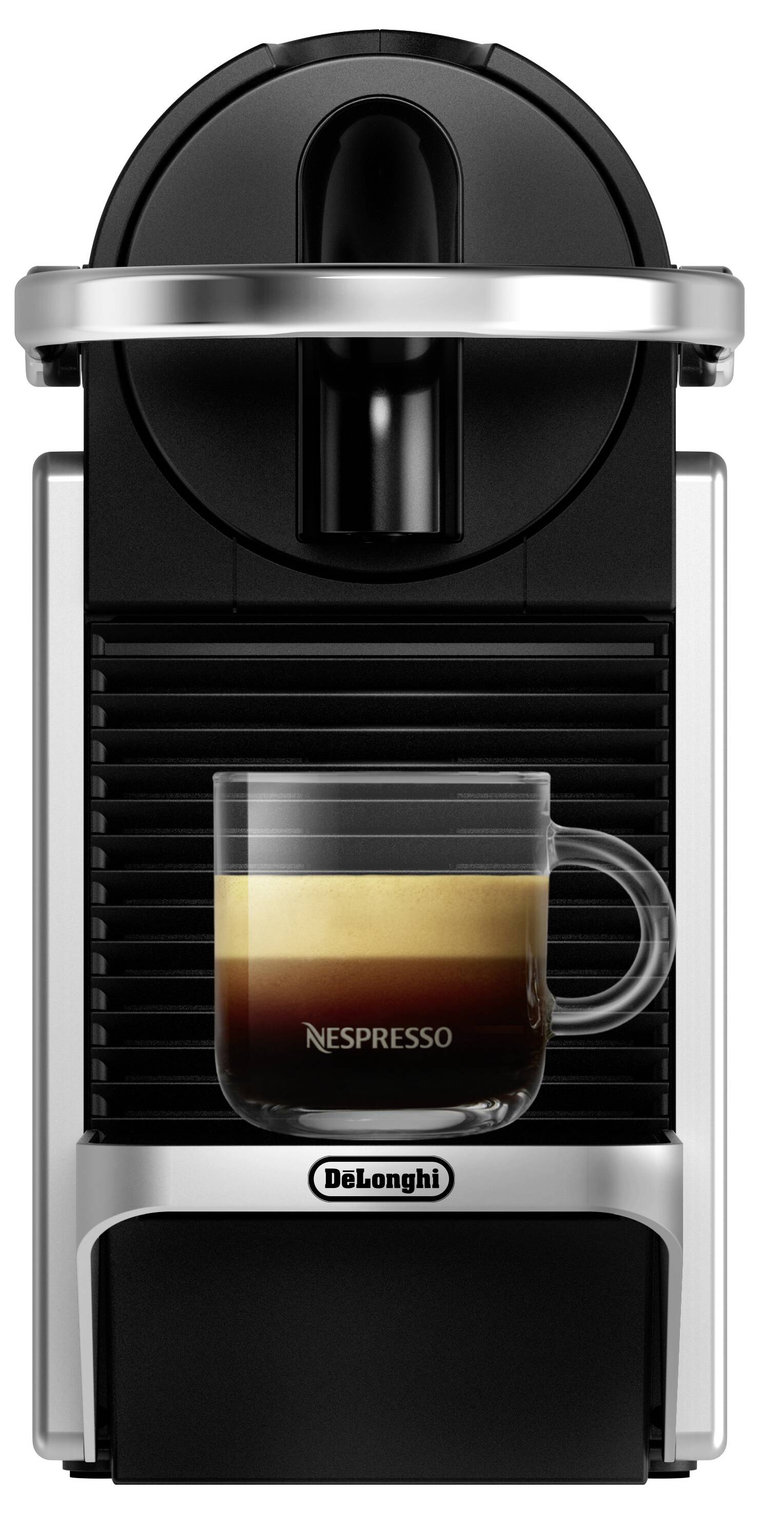 A black and silver espresso machine with a small glass cup holding espresso on the tray, branded 'Nespresso' on the cup and 'DeLonghi' on the machine.