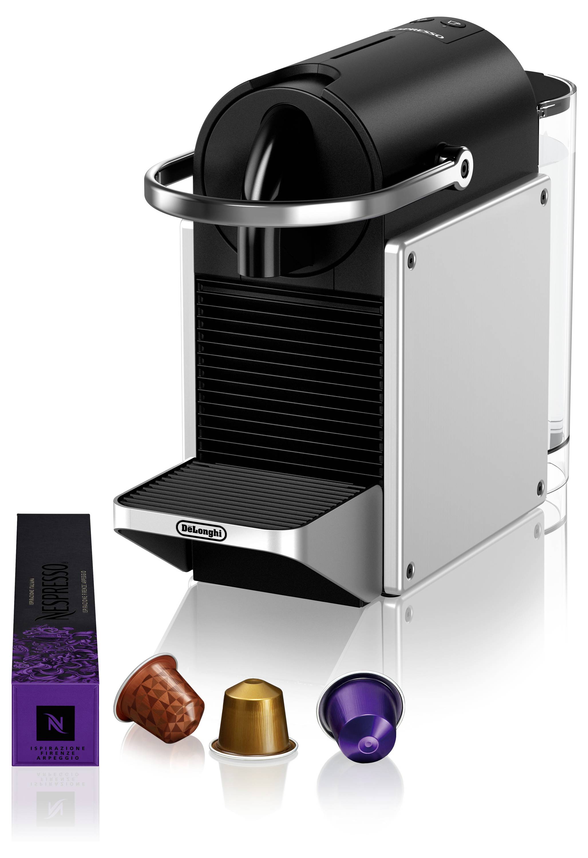 A Nespresso coffee machine with three capsules in front: one brown, one golden, and one purple.