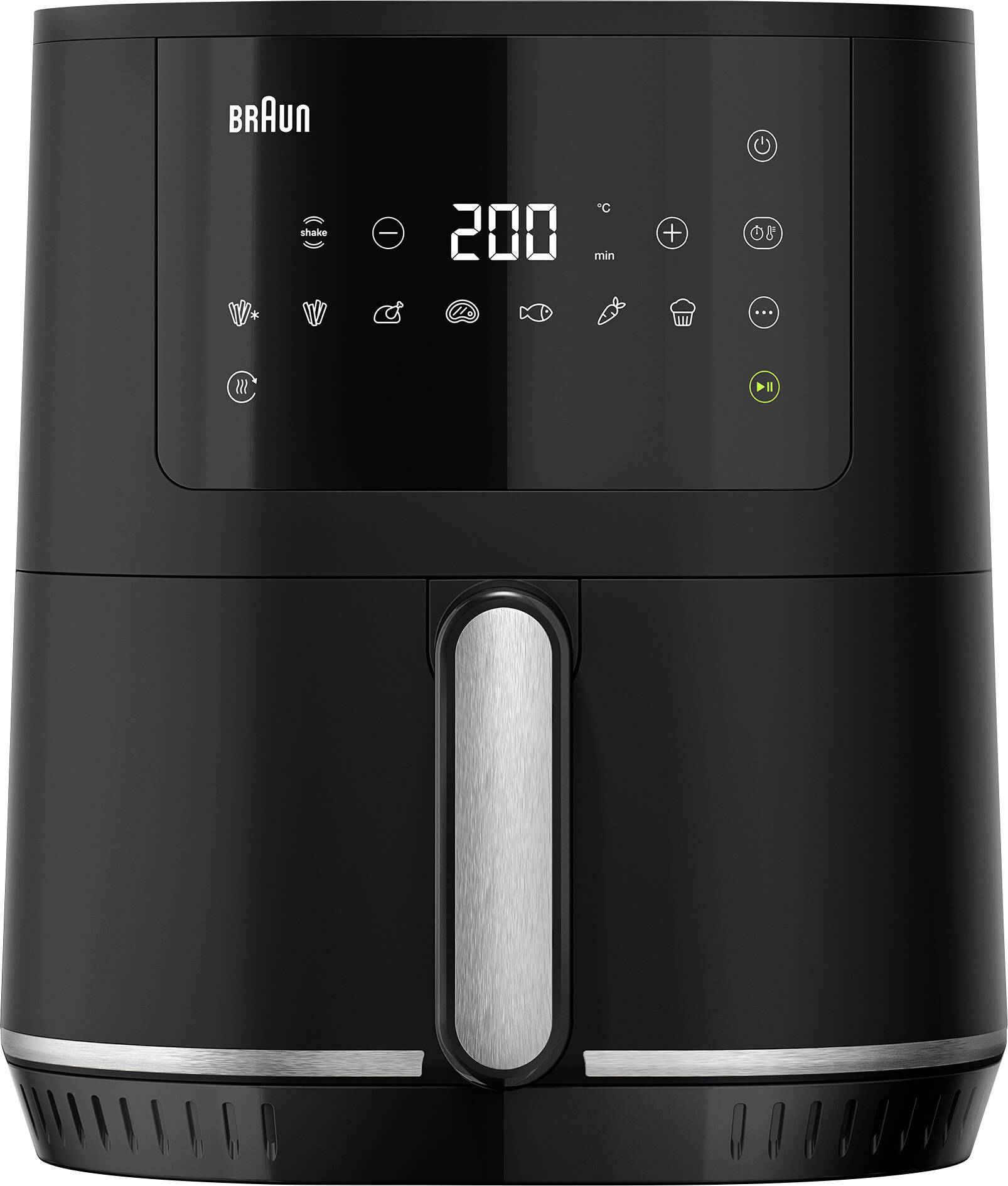 A black digital air fryer with a touchscreen display showing a temperature of 200°C. Various cooking icons are visible on the panel.