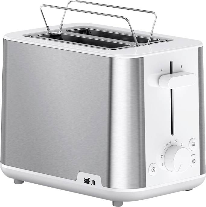 A stainless steel toaster with two slots, side lever, and a dial for adjusting toast settings.