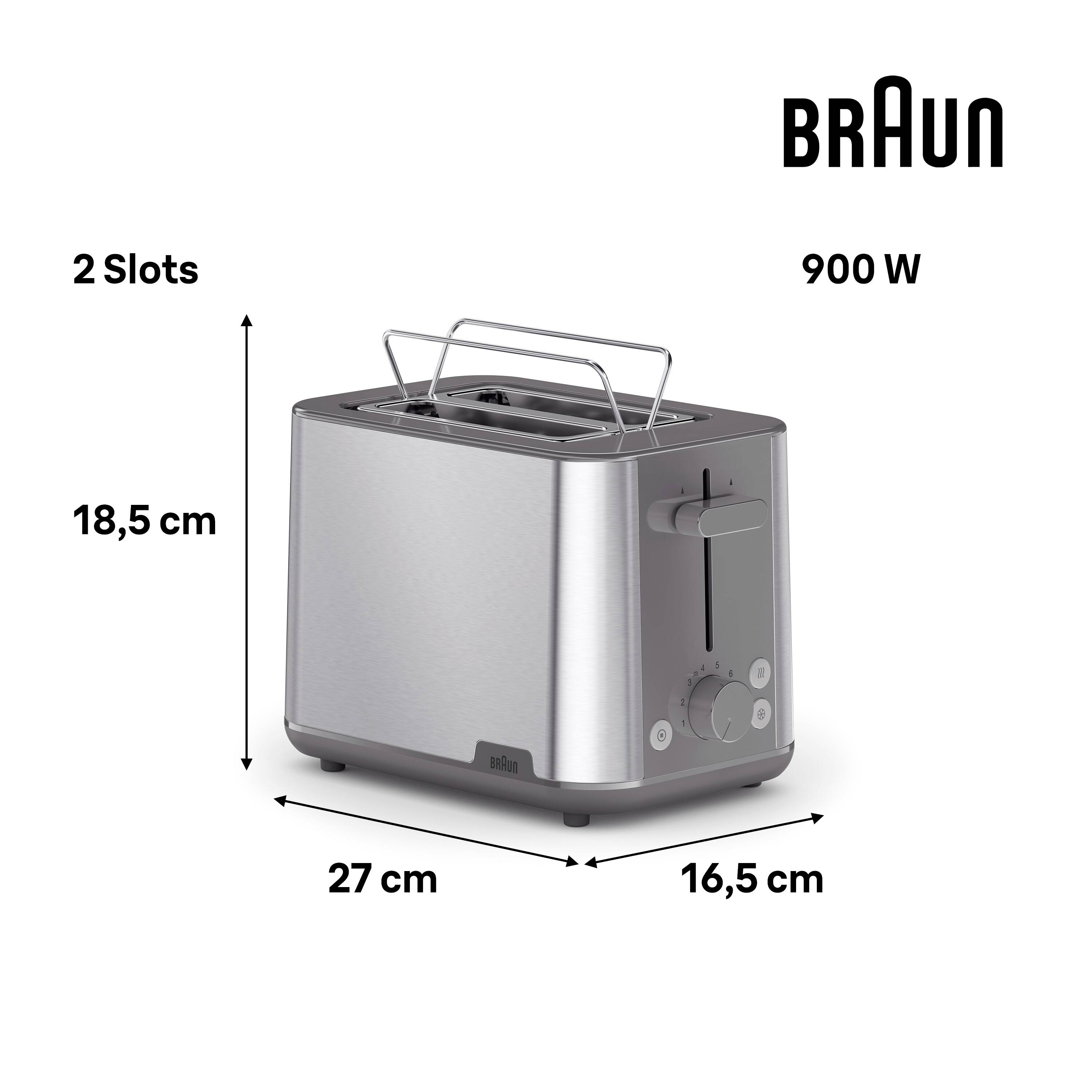 A silver toaster with two slots, adjustable settings, and dimensions of 18.5 cm high, 27 cm wide, 16.5 cm deep. Power: 900 watts.