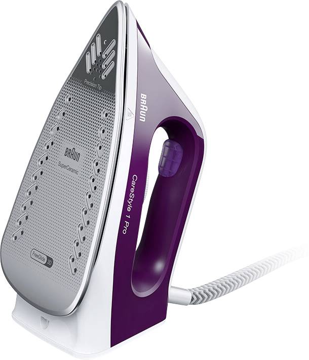 A purple Braun steam iron with a white handle, featuring multiple steam vents on the soleplate, designed for smooth garment pressing.