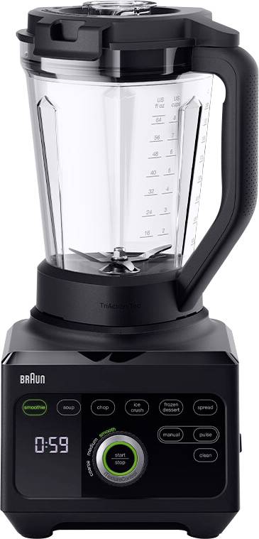 A black digital blender with a transparent pitcher, multiple control buttons, and a digital display showing '0:59'.