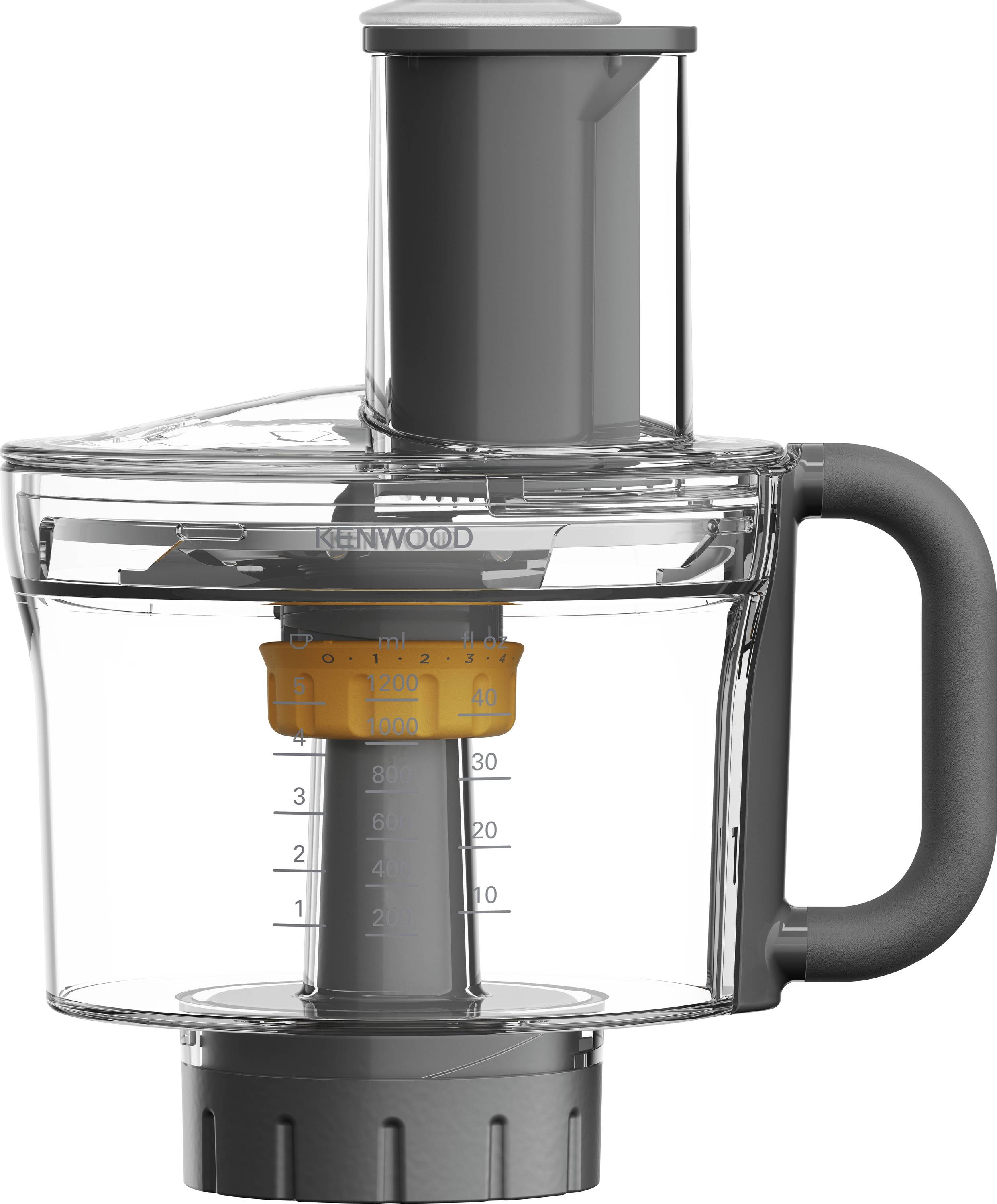 A food processor with a transparent bowl, handle, and measurement markings, featuring a central blade and a top feed tube.