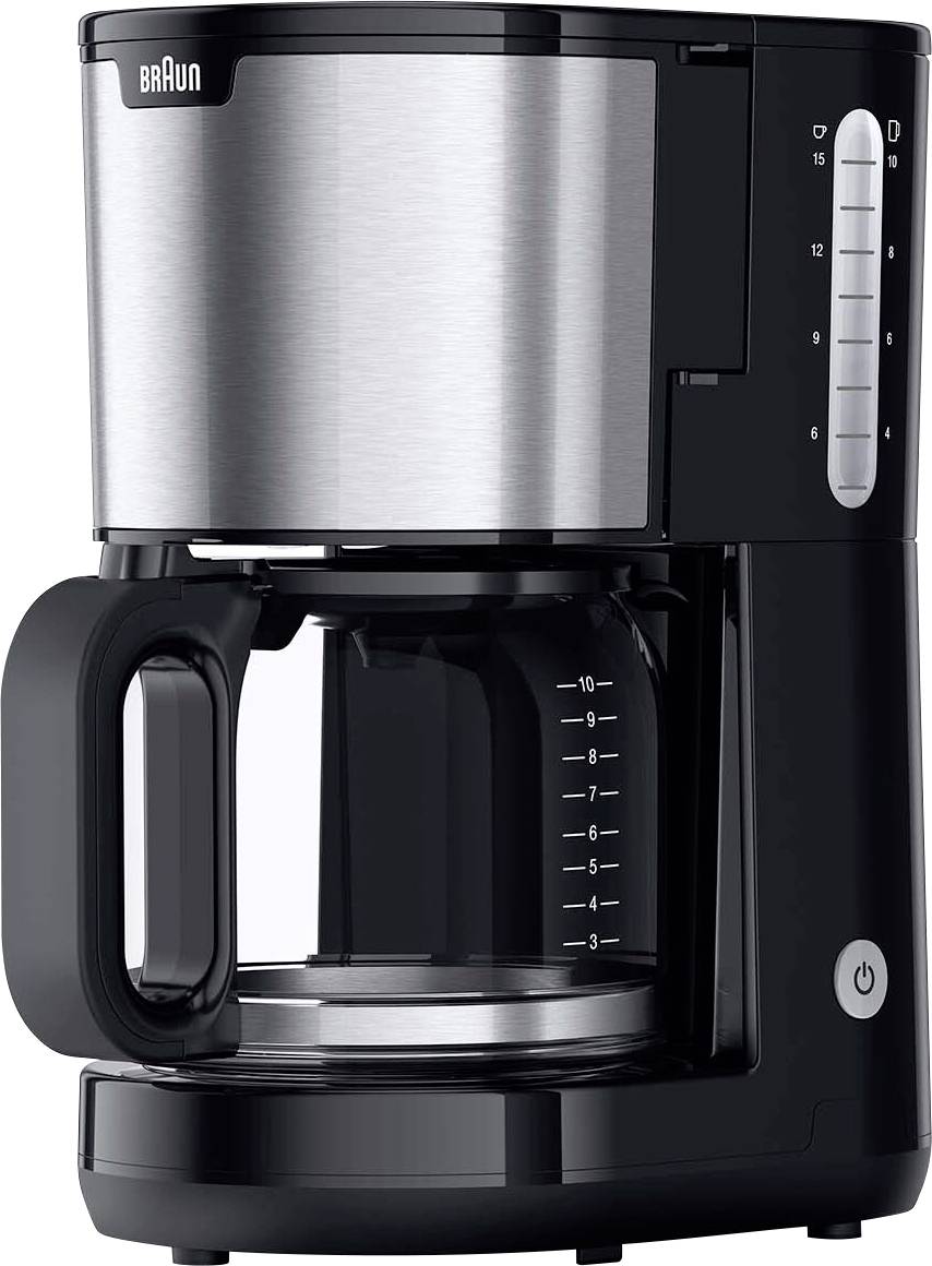 A sleek black and stainless steel coffee maker with a glass carafe, water level indicator, and power button on the base.