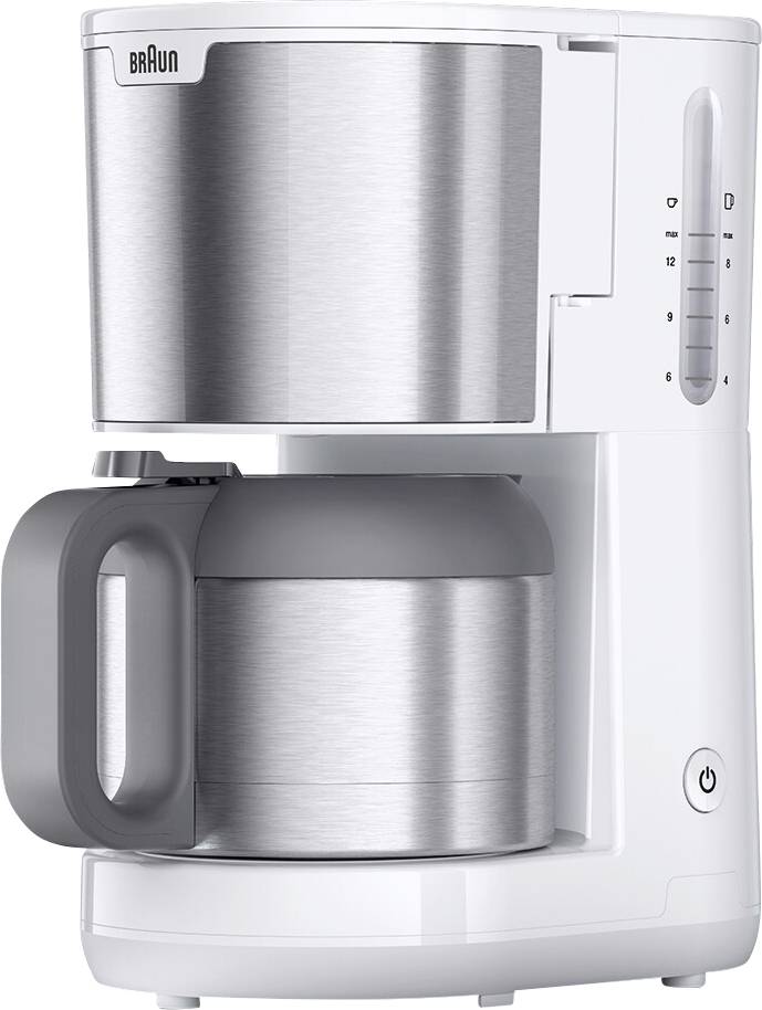 Silver and white coffee maker with a carafe, featuring a water level indicator on the side.