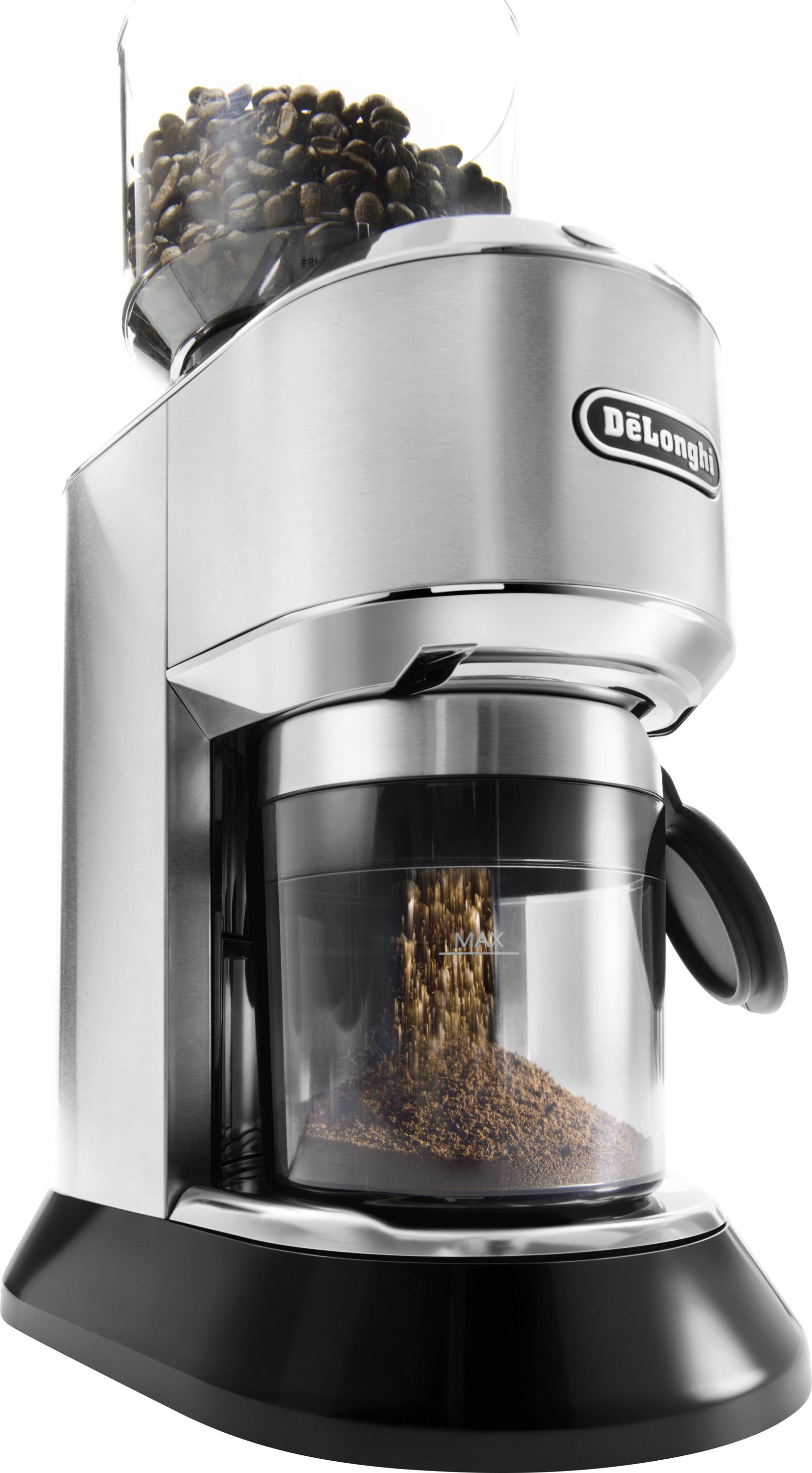 A silver coffee grinder with a transparent top filled with coffee beans, grinding them into a container below. Brand logo visible on the front.