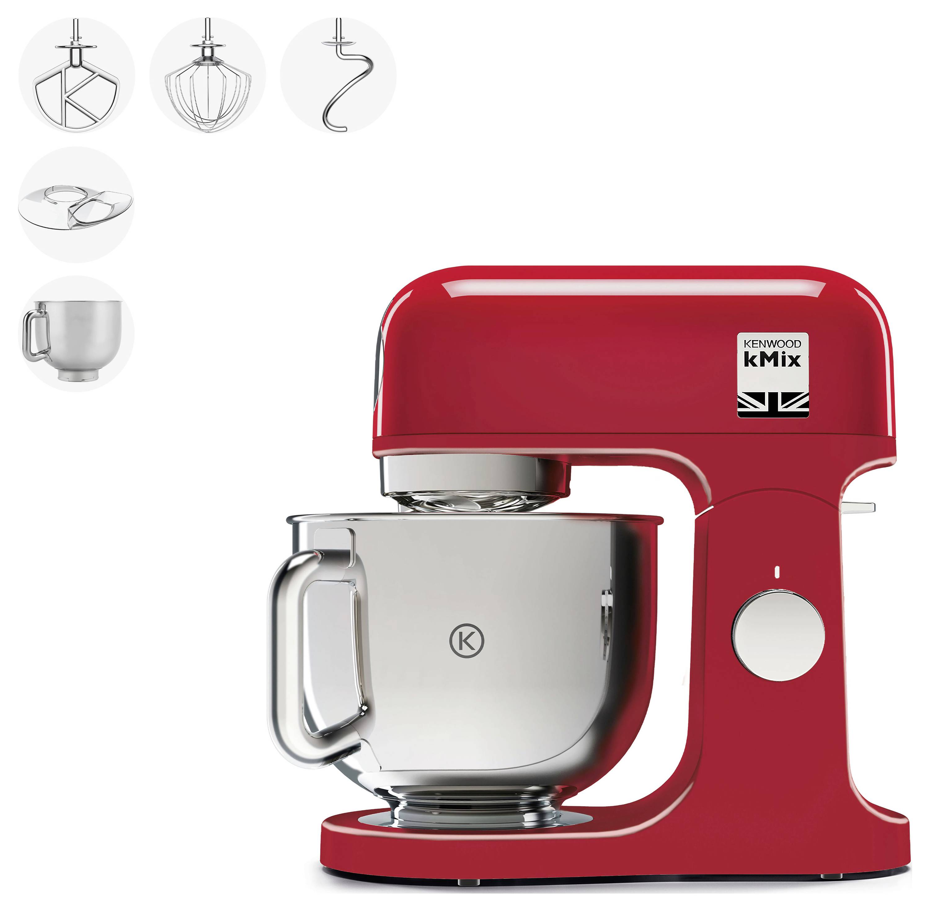 A red stand mixer with a stainless steel bowl and four attachments: beater, whisk, dough hook, and bowl cover, used for kitchen mixing tasks.