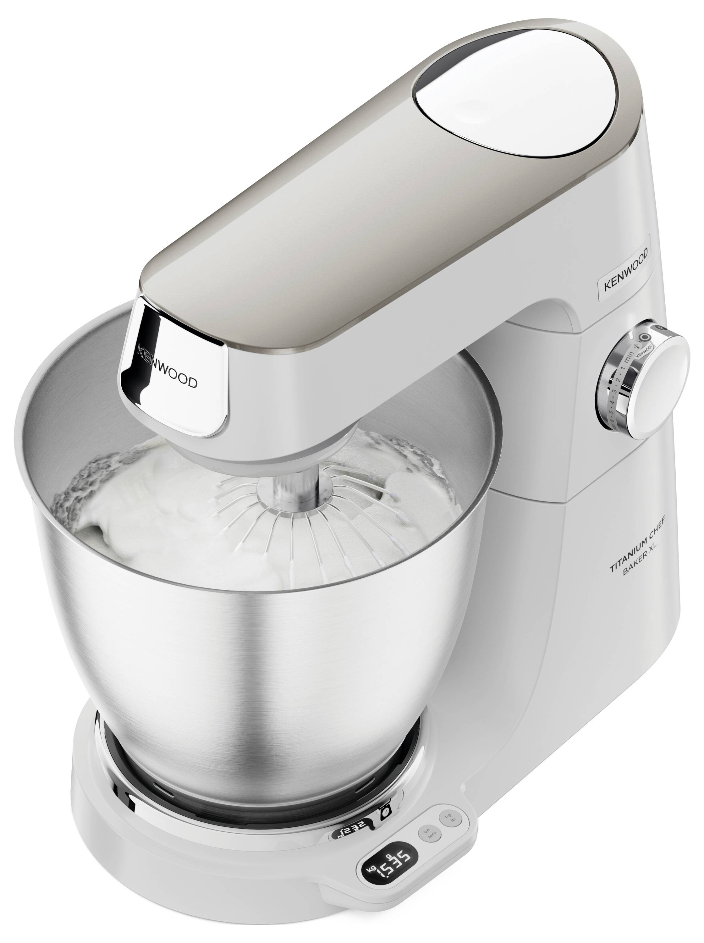 A white Kenwood stand mixer with a stainless steel bowl is whipping cream. A digital display shows '0:55'.