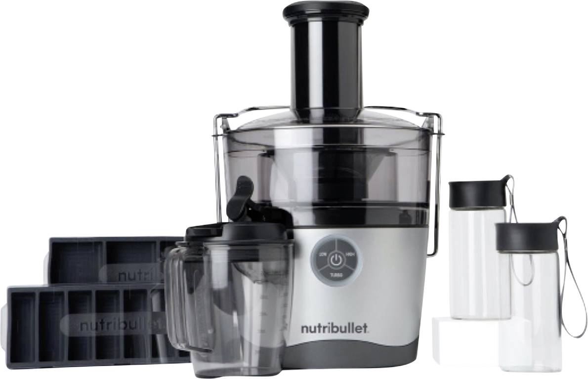 Nutribullet juicer with multiple attachments including a large cup, two smaller cups with lids, and ice trays, all in sleek design.