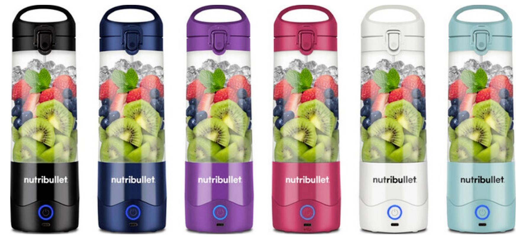Six NutriBullet blenders in various colors with images of fruits like kiwi, strawberry, and blueberry inside.