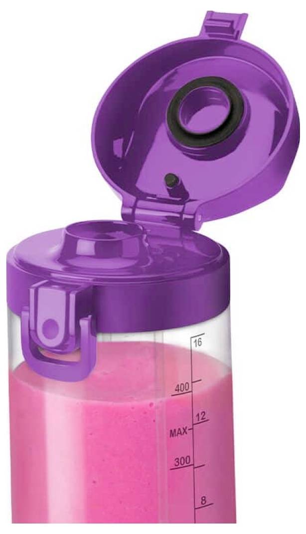 A transparent bottle with a purple lid is open, showing pink liquid inside. Measurement markings on the side indicate volume.