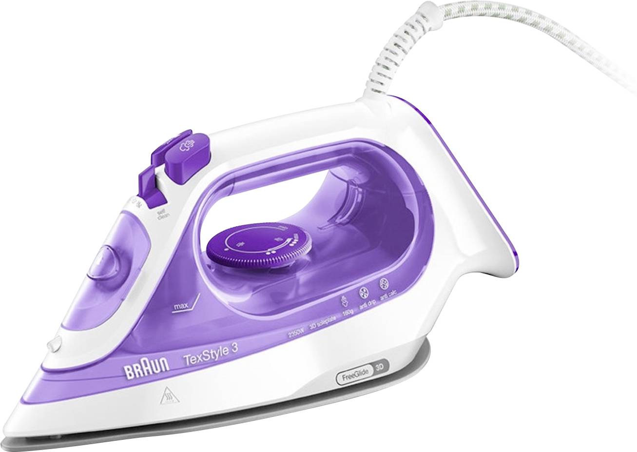 A white and purple steam iron labeled 'Braun TexStyle 3' with adjustable settings on the handle.