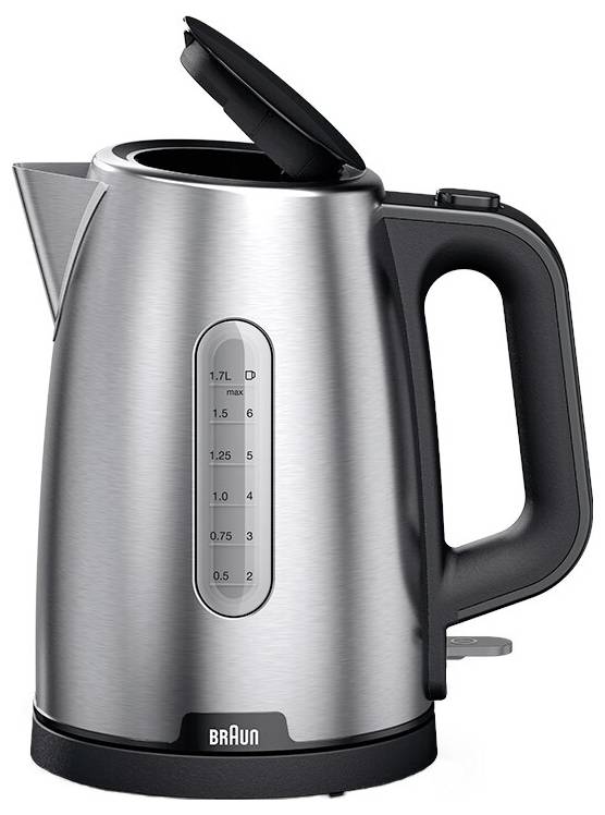 Stainless steel electric kettle with a black handle and spout, open lid, and water level indicator marked in liters from 0.5 to 1.7.