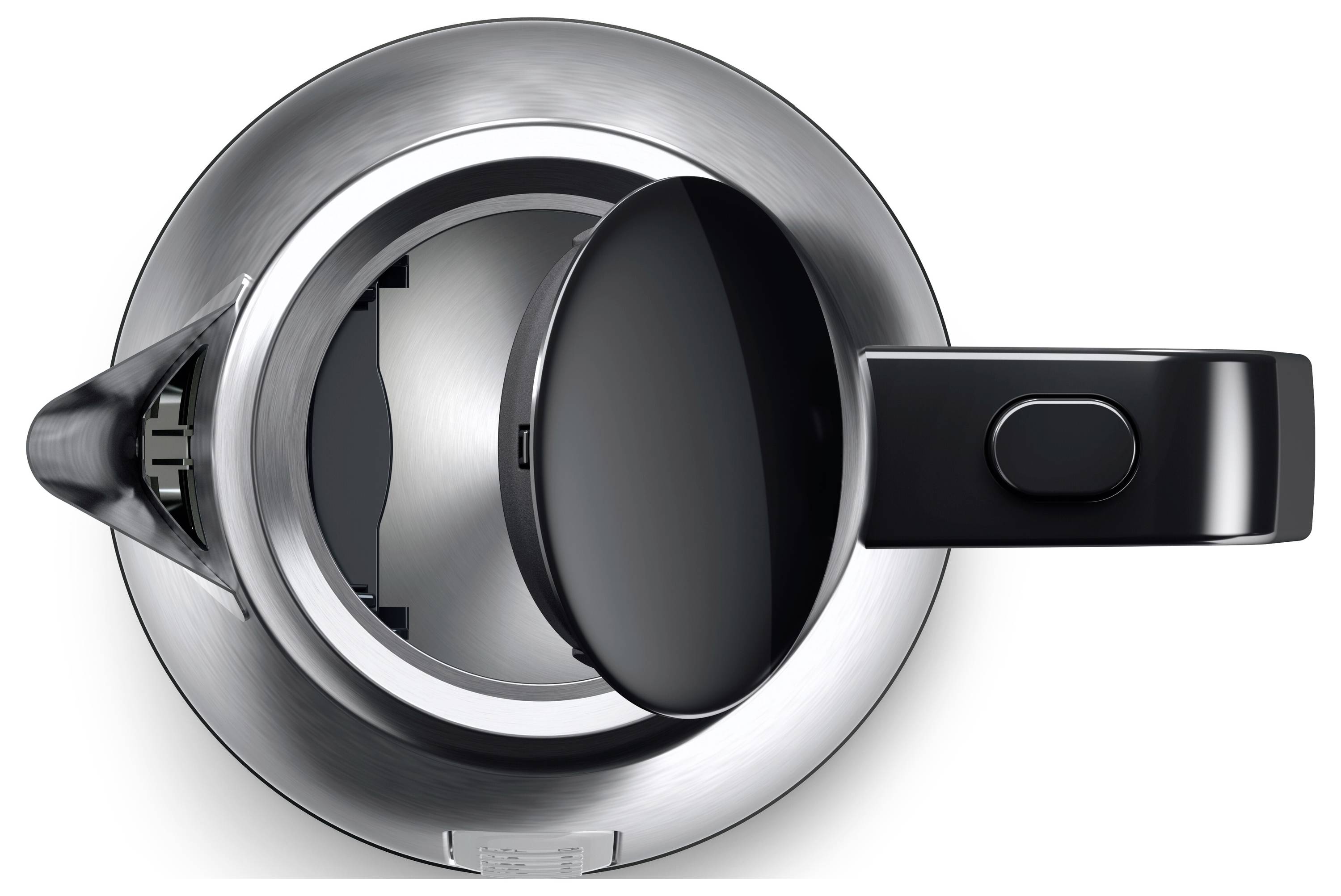 Top view of an open stainless steel electric kettle with a black handle and visible heating element, showing the open lid.