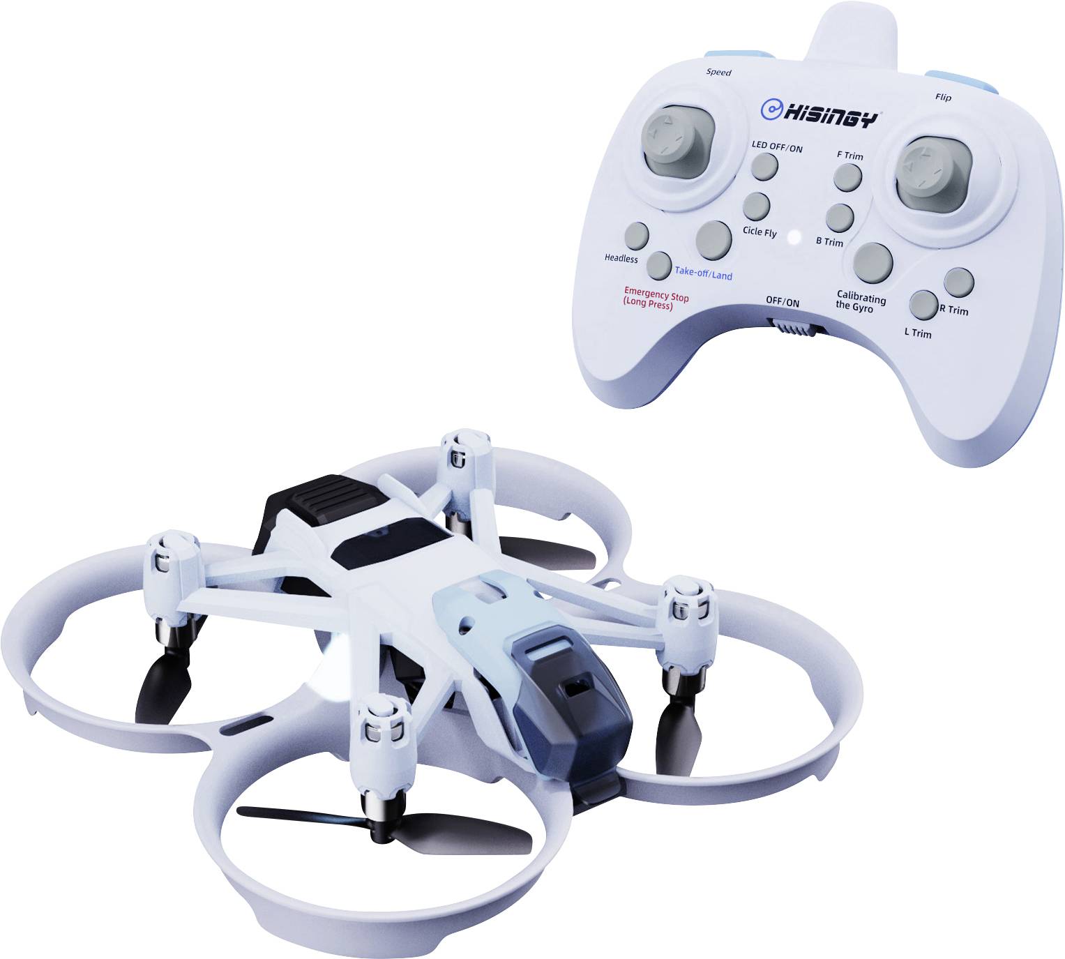 A small, white drone with protective circular frames around its propellers is shown alongside a matching white remote control with various buttons and joysticks.