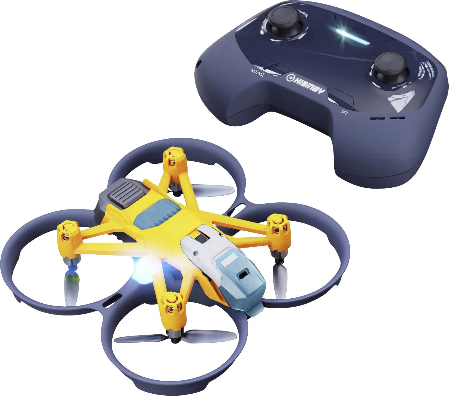 A small yellow and blue drone with a protective frame is positioned next to a black remote control on a white background.