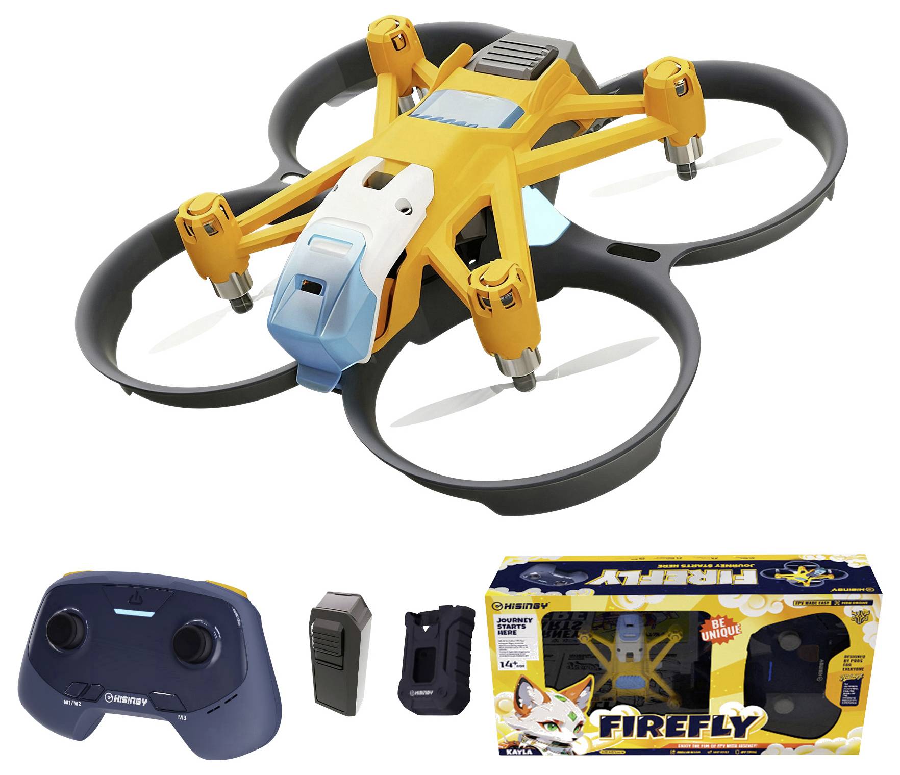 A yellow and black quadcopter with camera, propeller guards, and landing gear; includes a remote control and rechargeable battery.