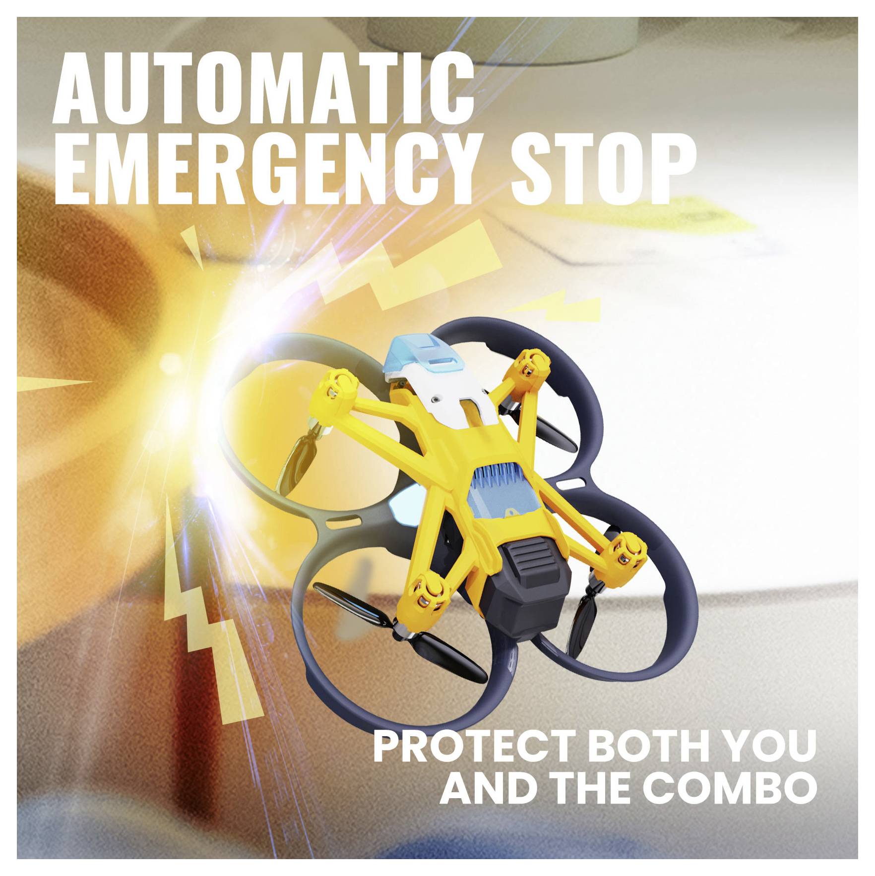 A small drone with four rotors hovers, showing 'Automatic Emergency Stop' in bold, with an emphasis on safety for 'you and the combo'.