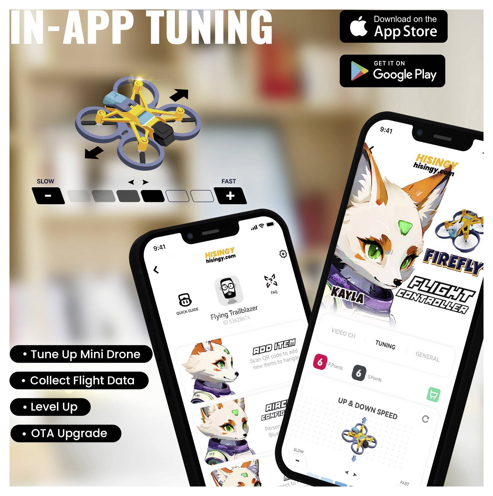 'IN-APP TUNING' display of a drone app, showing tuning controls, a fox character, and options for tuning, flight data, and upgrades.