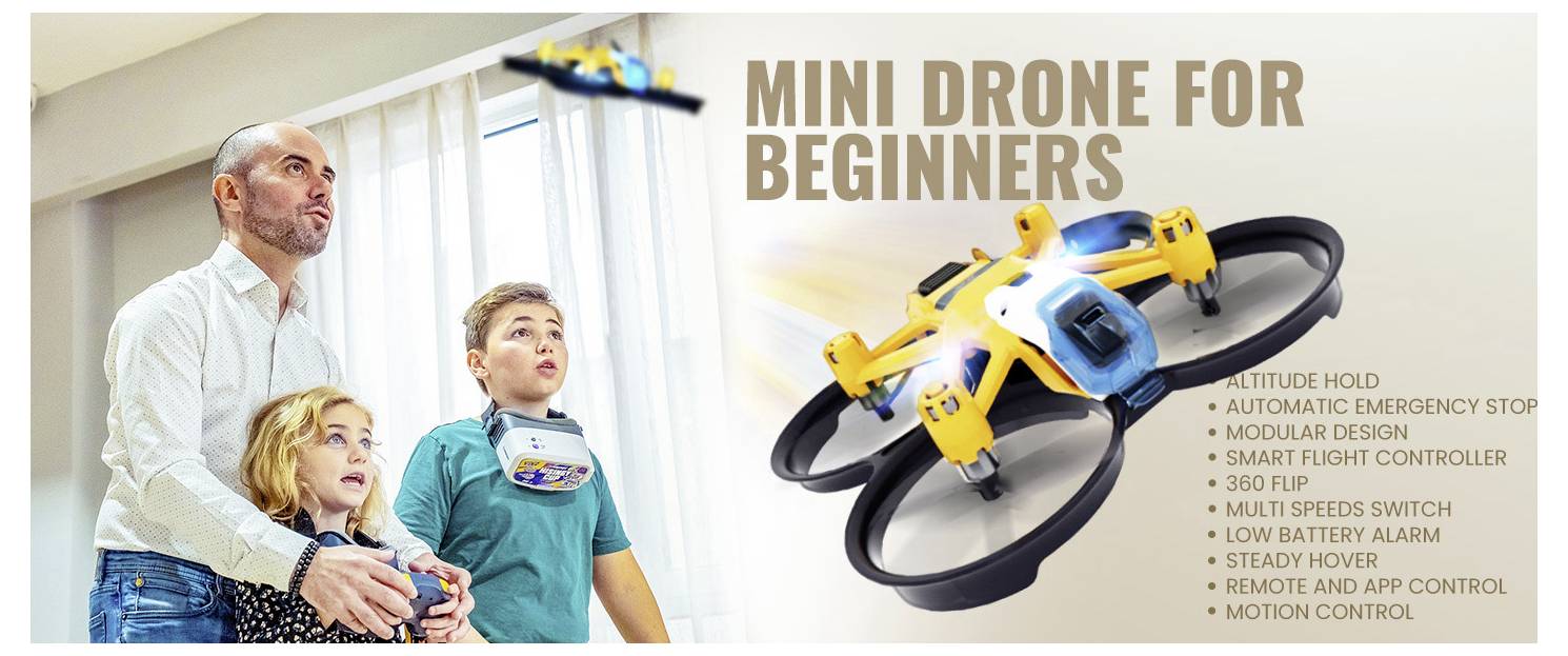 A colorful drone with features listed, such as 'Altitude Hold' and '360 Flip,' flies while a family of three watches in fascination.
