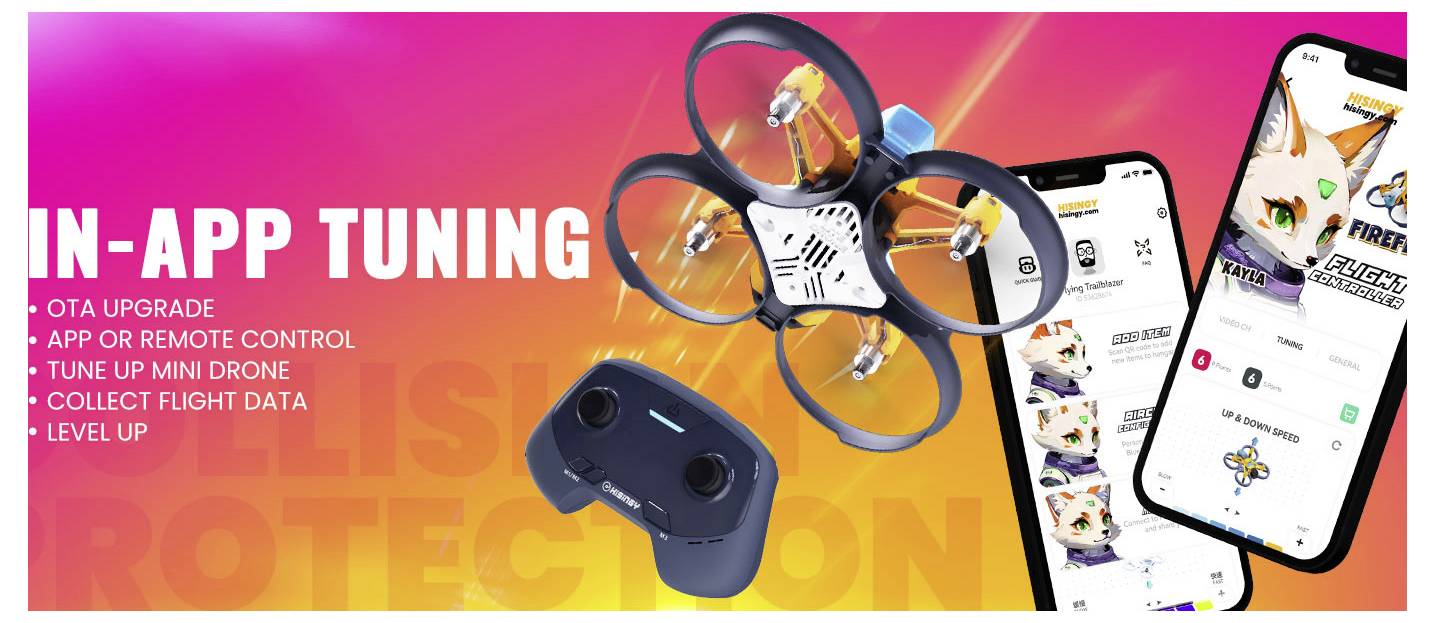 Bright graphic showing mini drone, remote control, and smartphone app screen with text: 'In-App Tuning: OTA upgrade, collect flight data.'
