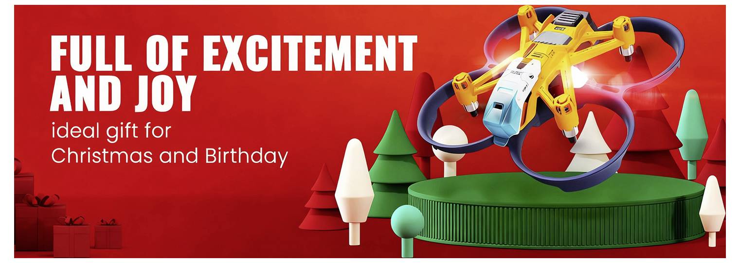 A toy drone hovers above a holiday-themed platform with trees. Text reads 'Full of excitement and joy, ideal gift for Christmas and Birthday.'