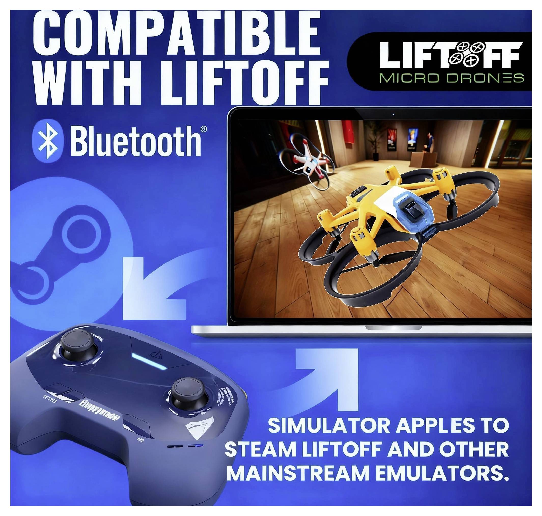 'Compatible with Liftoff Micro Drones' is written. A Bluetooth controller and a laptop display a yellow drone in a simulator.