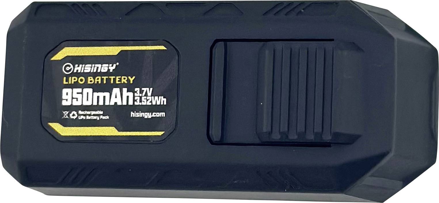 A black rechargeable lithium polymer battery labeled 'Lipo Battery 950mAh 3.7V 3.52Wh' with a manufacturer's name.