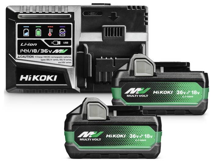 This image displays a HiKOKI battery charger and two Multi Volt batteries, showcasing their compatibility with 18V and 36V tools.