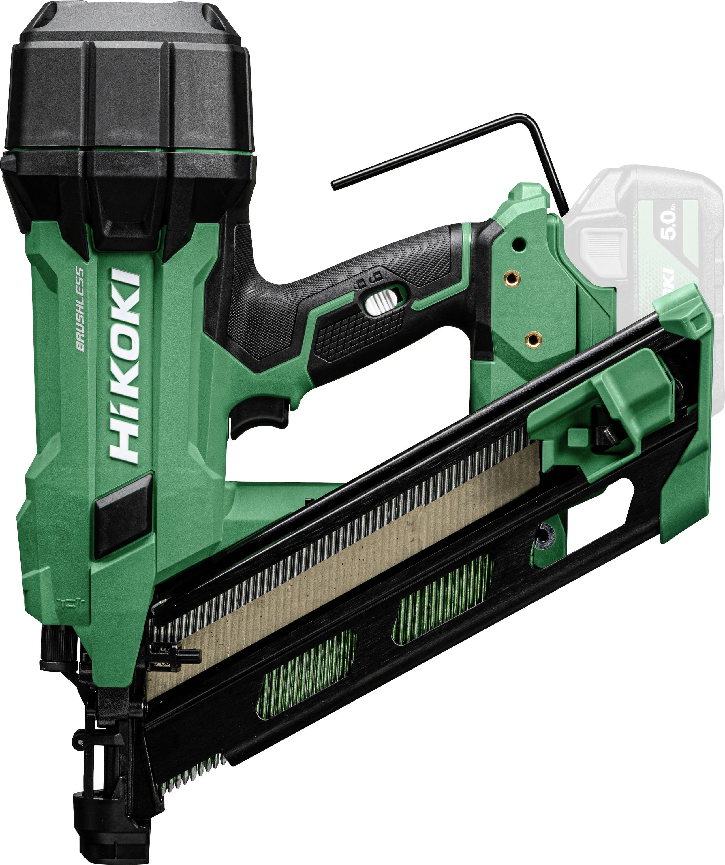 Green cordless nail gun labeled 'Hikoki' with a black and green design, featuring a nail magazine loaded with nails.