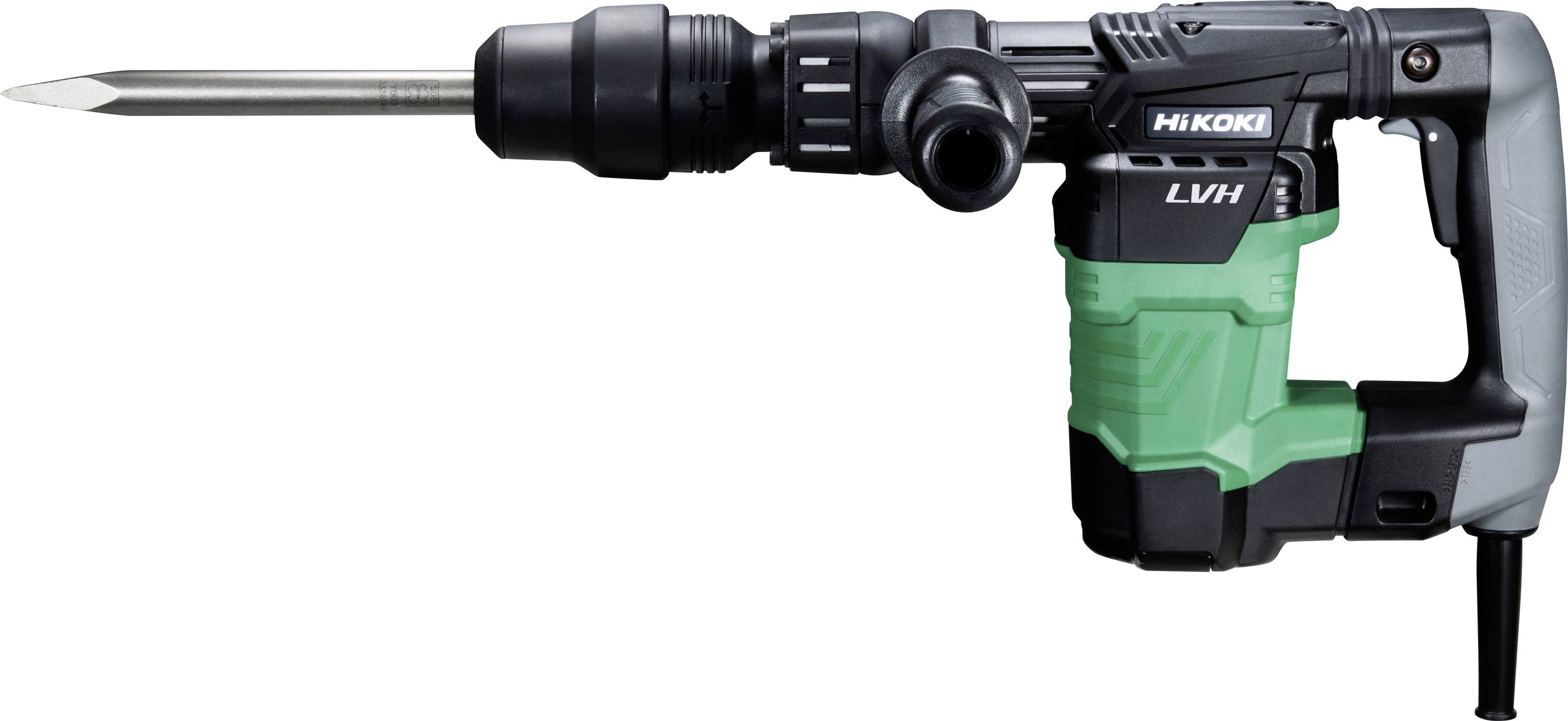 A power drill with a long metal drill bit, featuring a green and black design with brand markings.