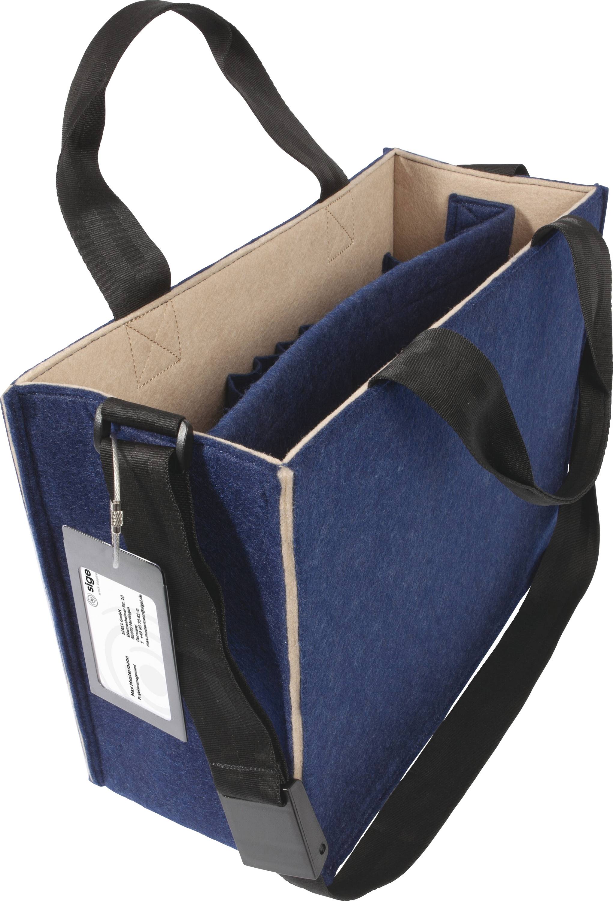 A blue and beige tote bag with black handles and a shoulder strap. It has pockets inside and an ID card holder attached to the side.