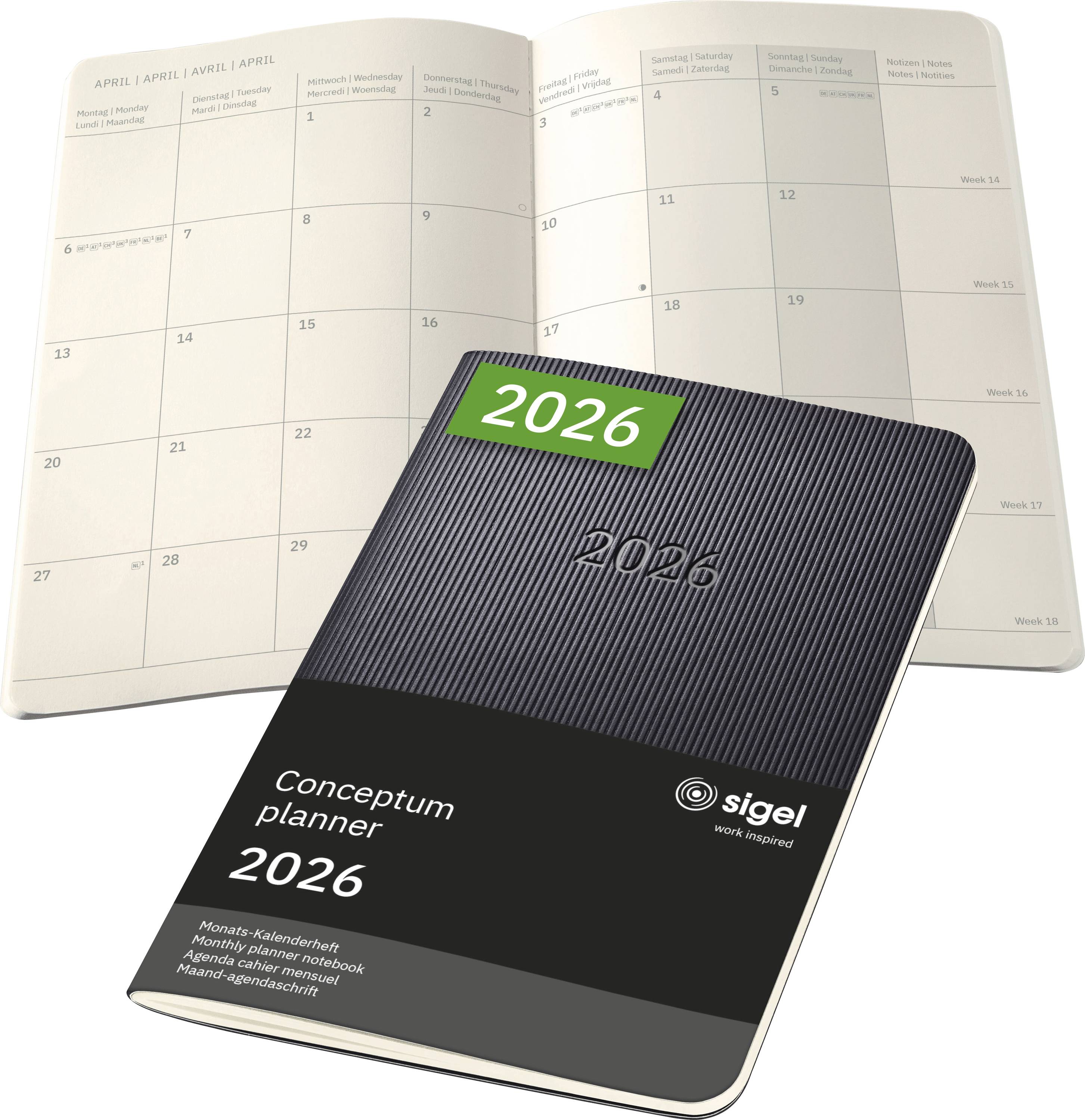 'Conceptum planner 2026' displayed with an open calendar showing two months.