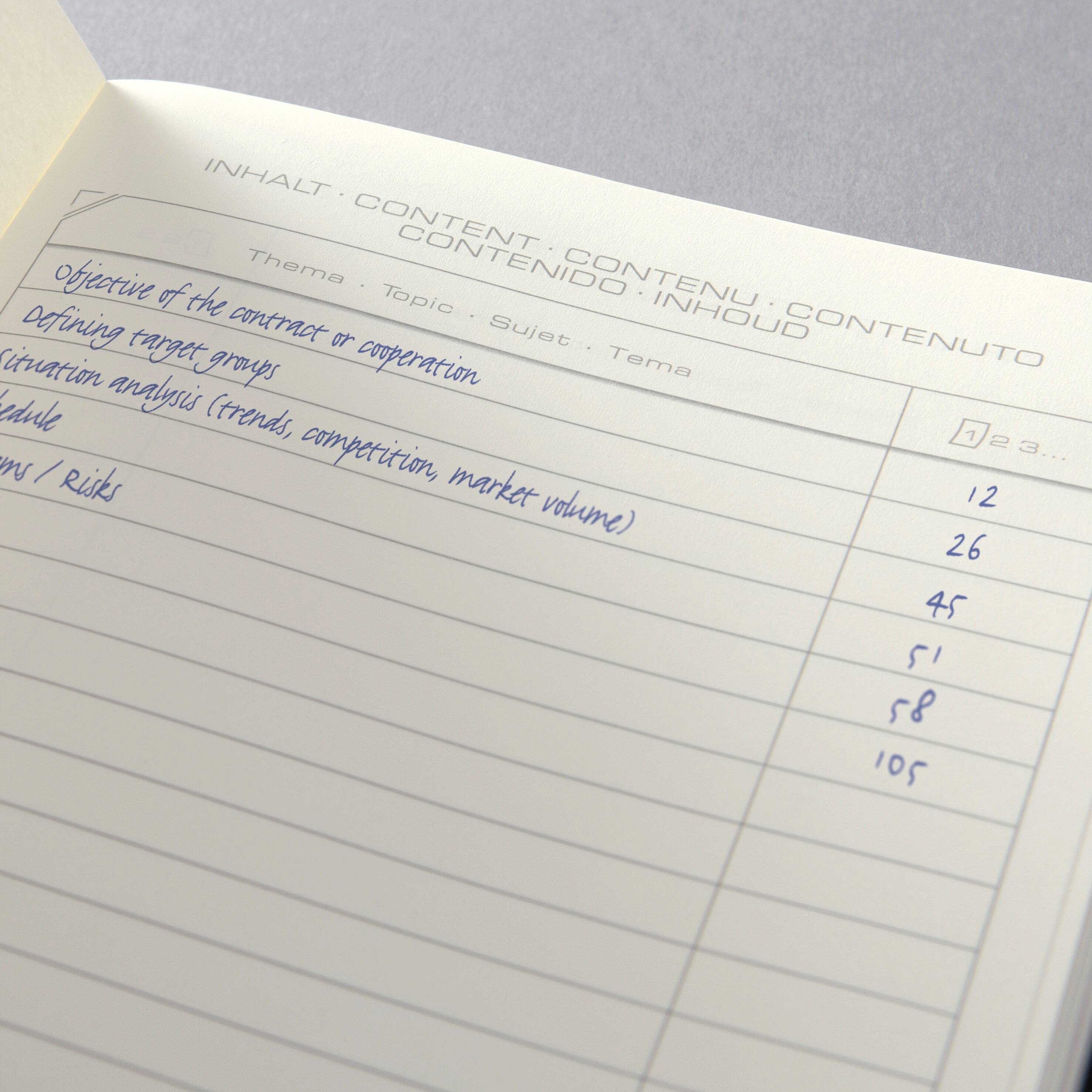 An open notebook page titled 'Content' lists objectives and an analysis section with numerical data: 12, 26, 45, 51, 108.