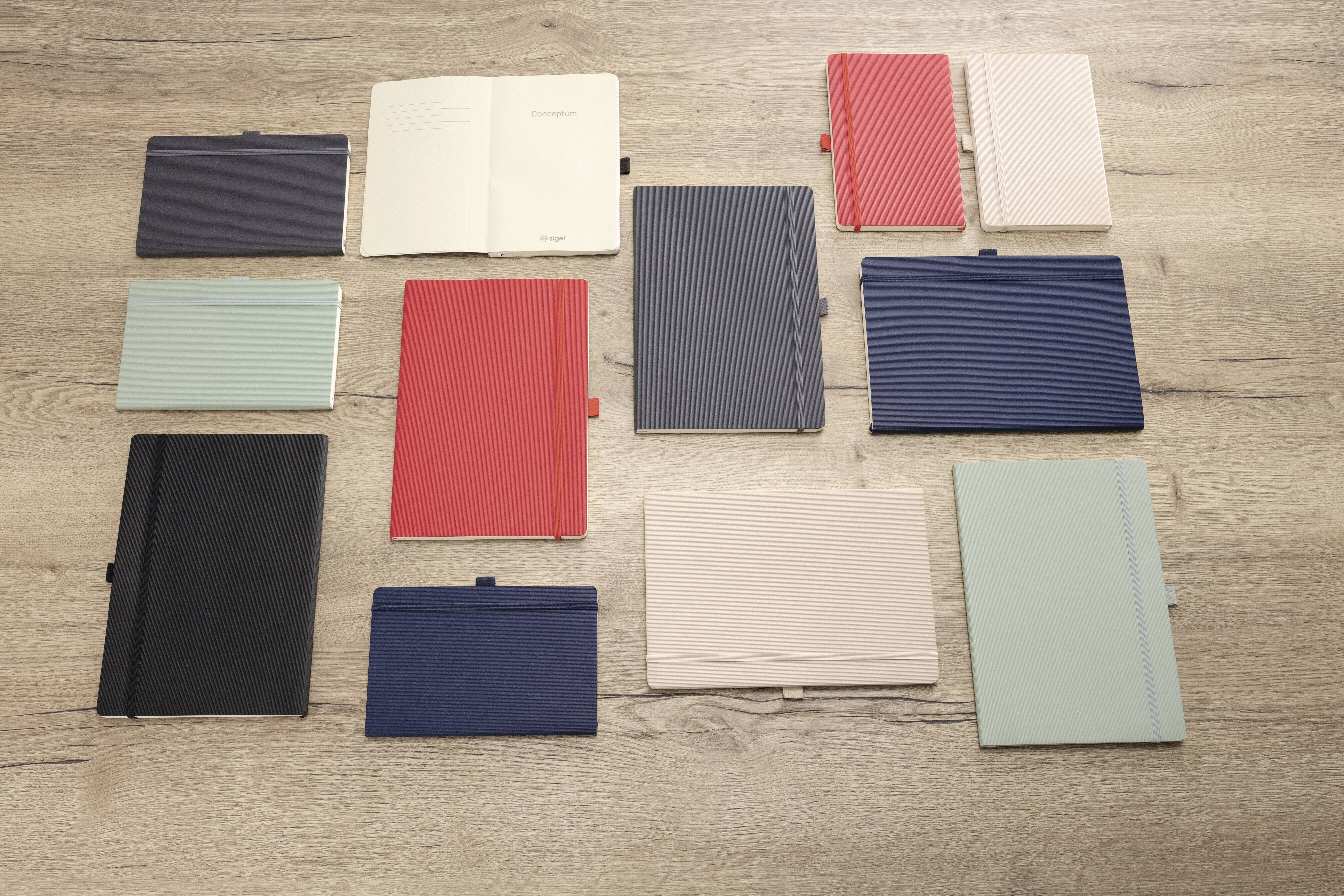 Several notebooks in various colors—red, blue, black, beige, and mint—are arranged on a wooden surface, showing both covers and open pages.