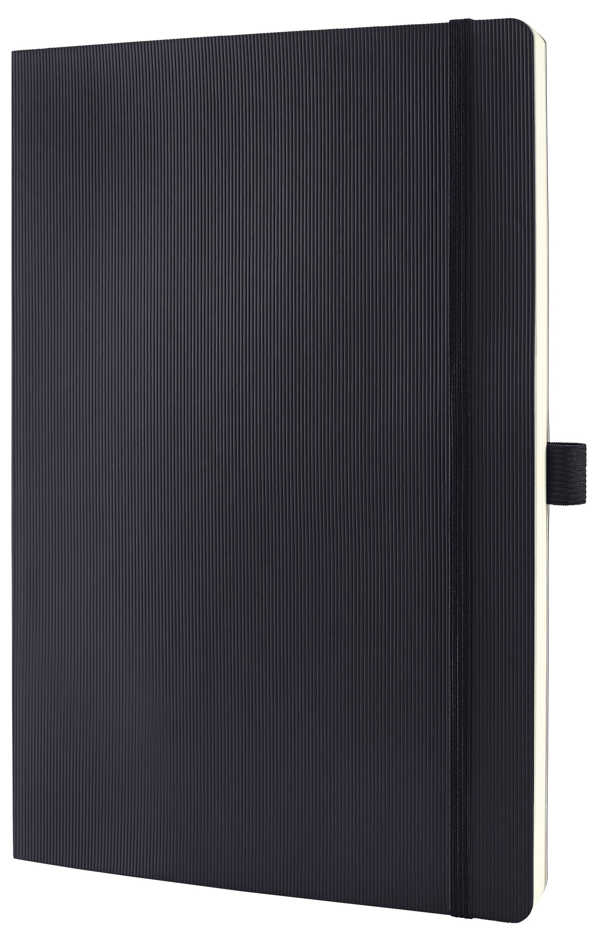A black hardcover notebook with an elastic pen holder on the side, closed view.
