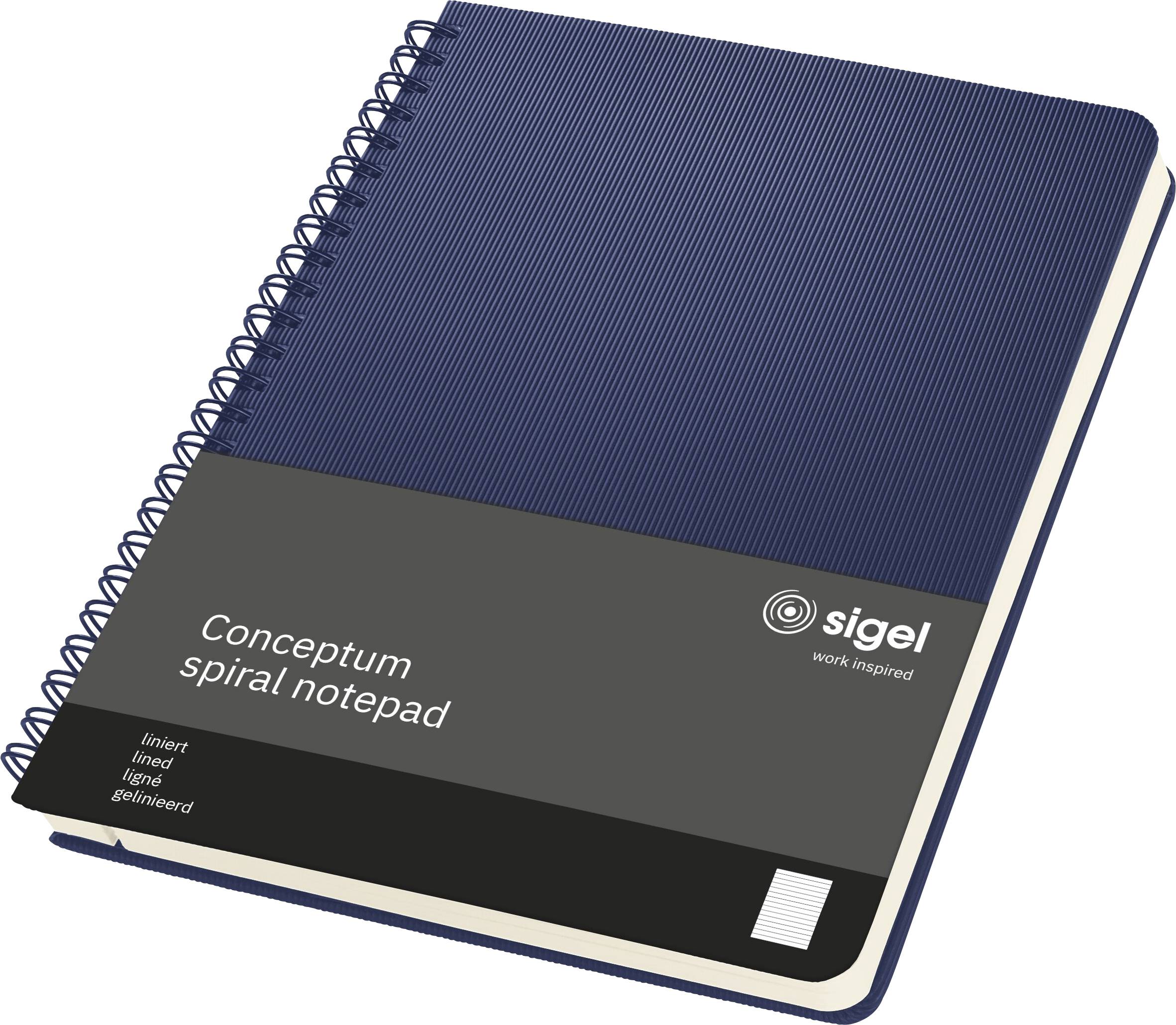 A blue spiral notepad with a textured cover and a label showing 'sigel' logo and text.