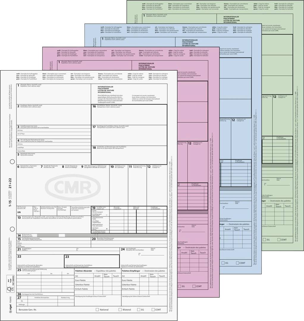 A stack of differently colored shipping documents, each with forms for recording logistics details, including sender, recipient, and goods description.