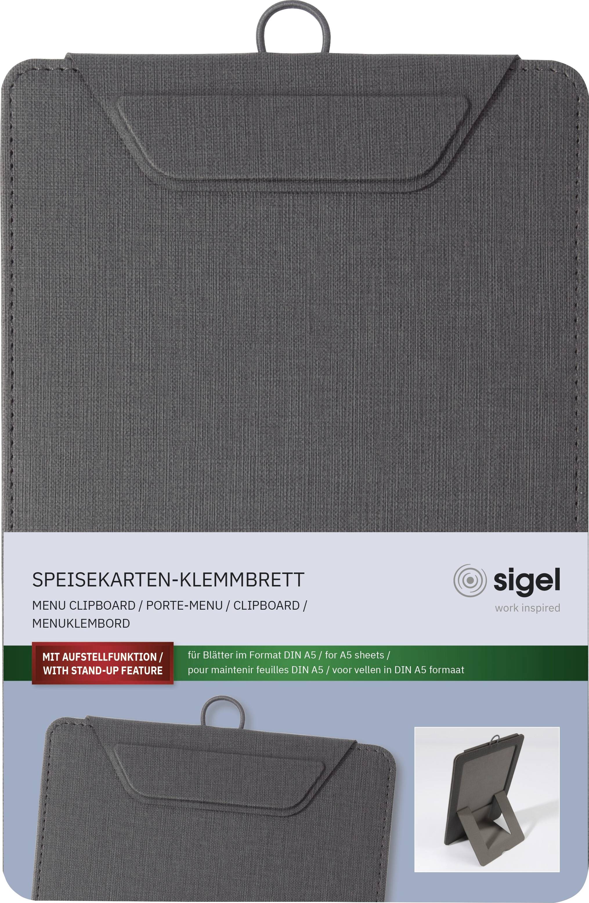Menu clipboard with stand-up feature, designed for DIN A5 size papers. Featuring a dark gray finish and pictured in a freestanding position.