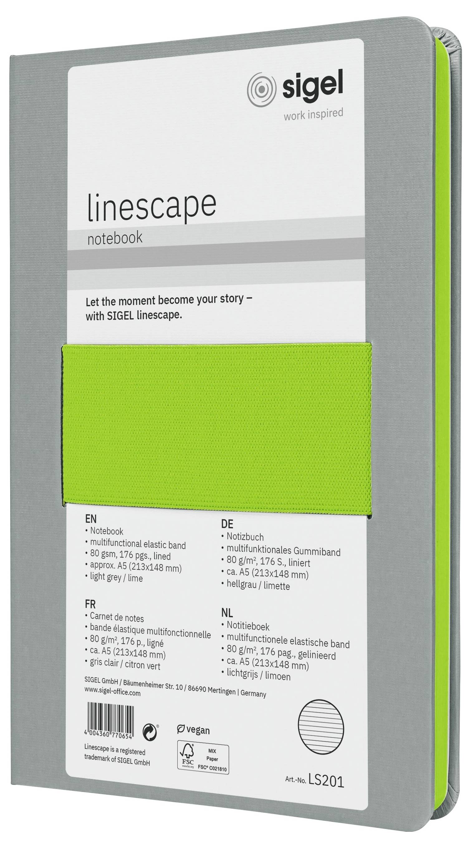 Sigel LS201 Notebook Linescape Hardcover A5 Ruled Light grey, Neon green No. of sheets: 88