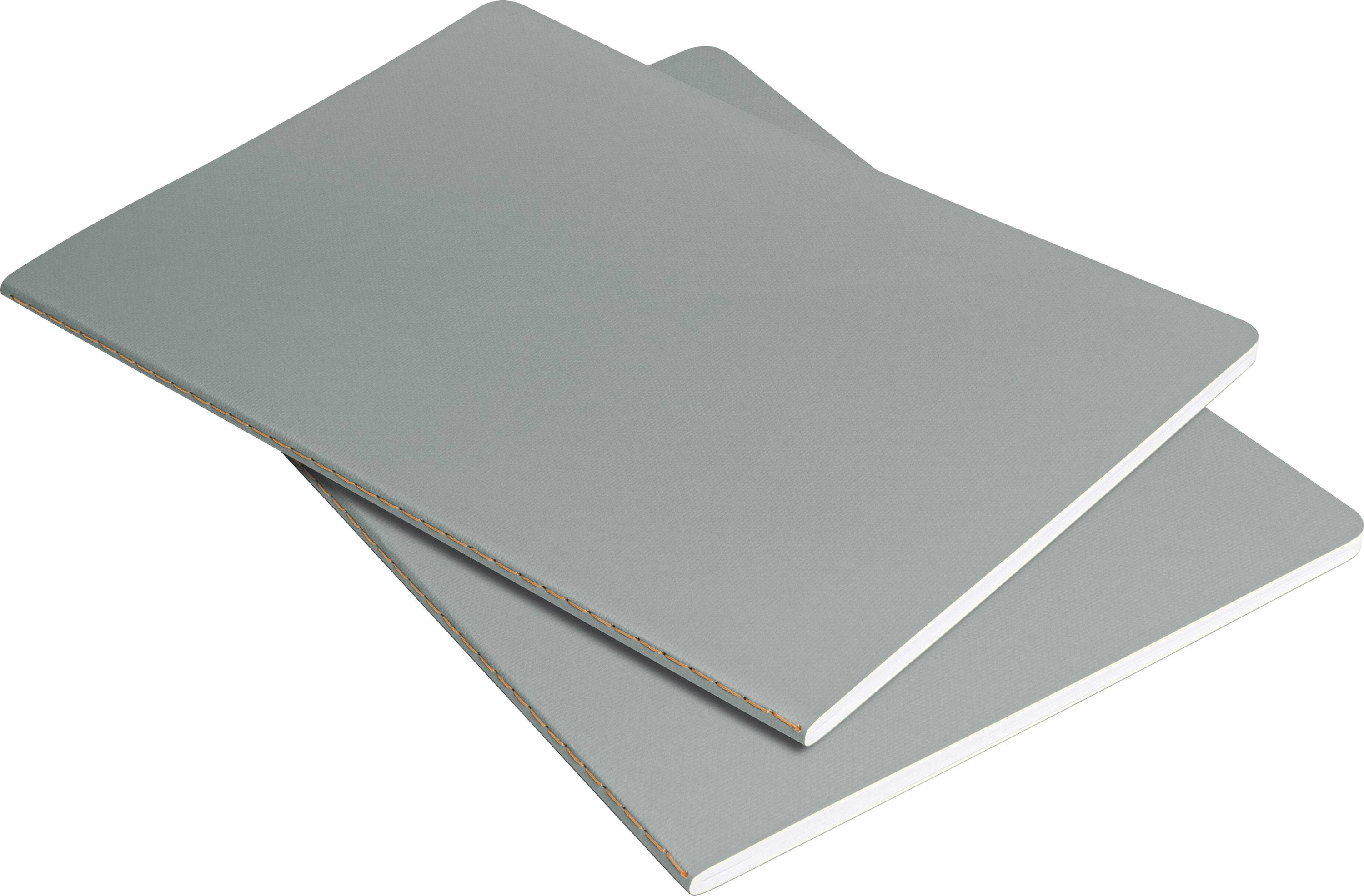 Two closed gray notebooks stacked diagonally, with simple, smooth covers, placed on a white background.