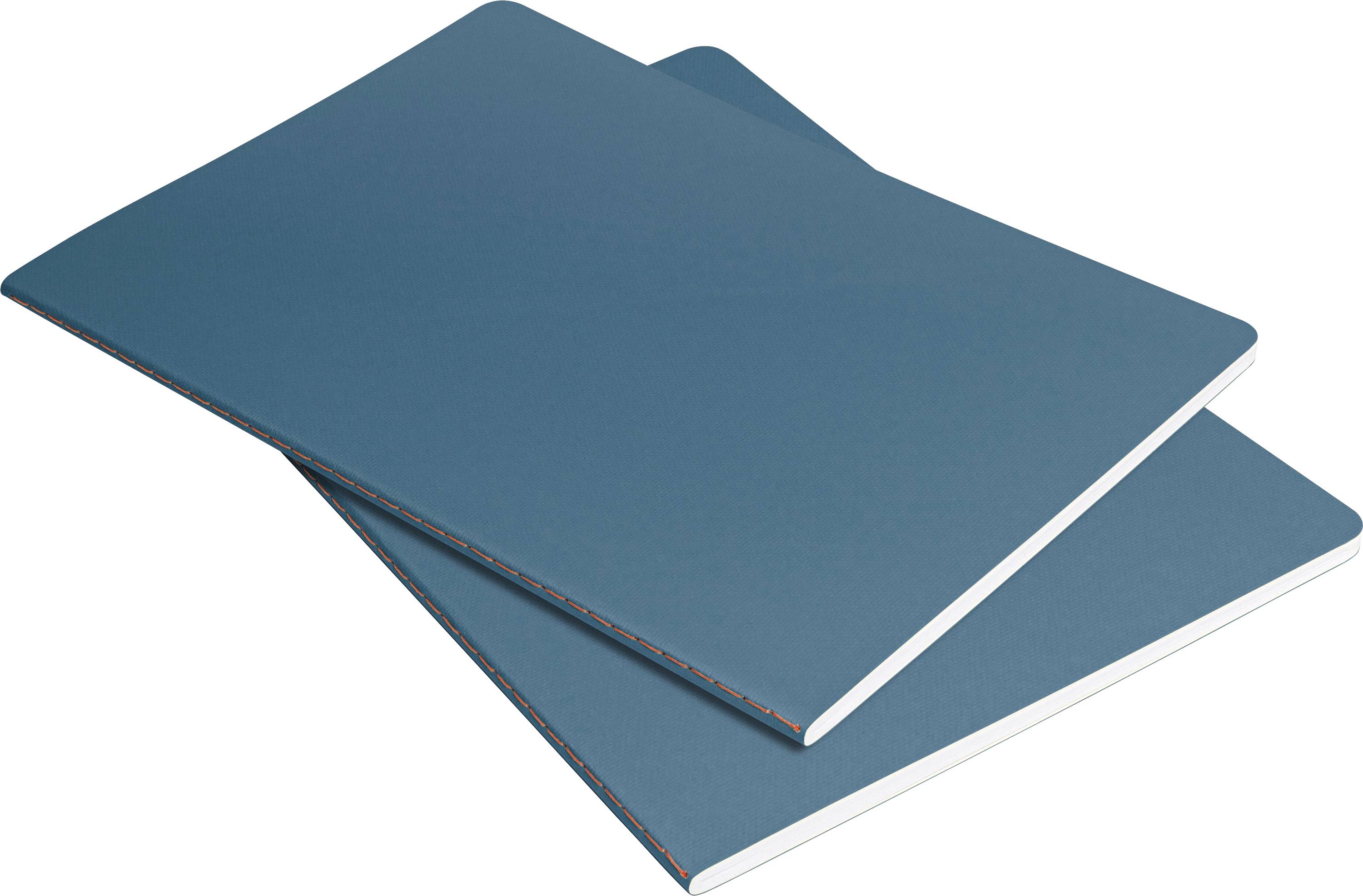 Two blue notebooks stacked slightly askew on a white background.
